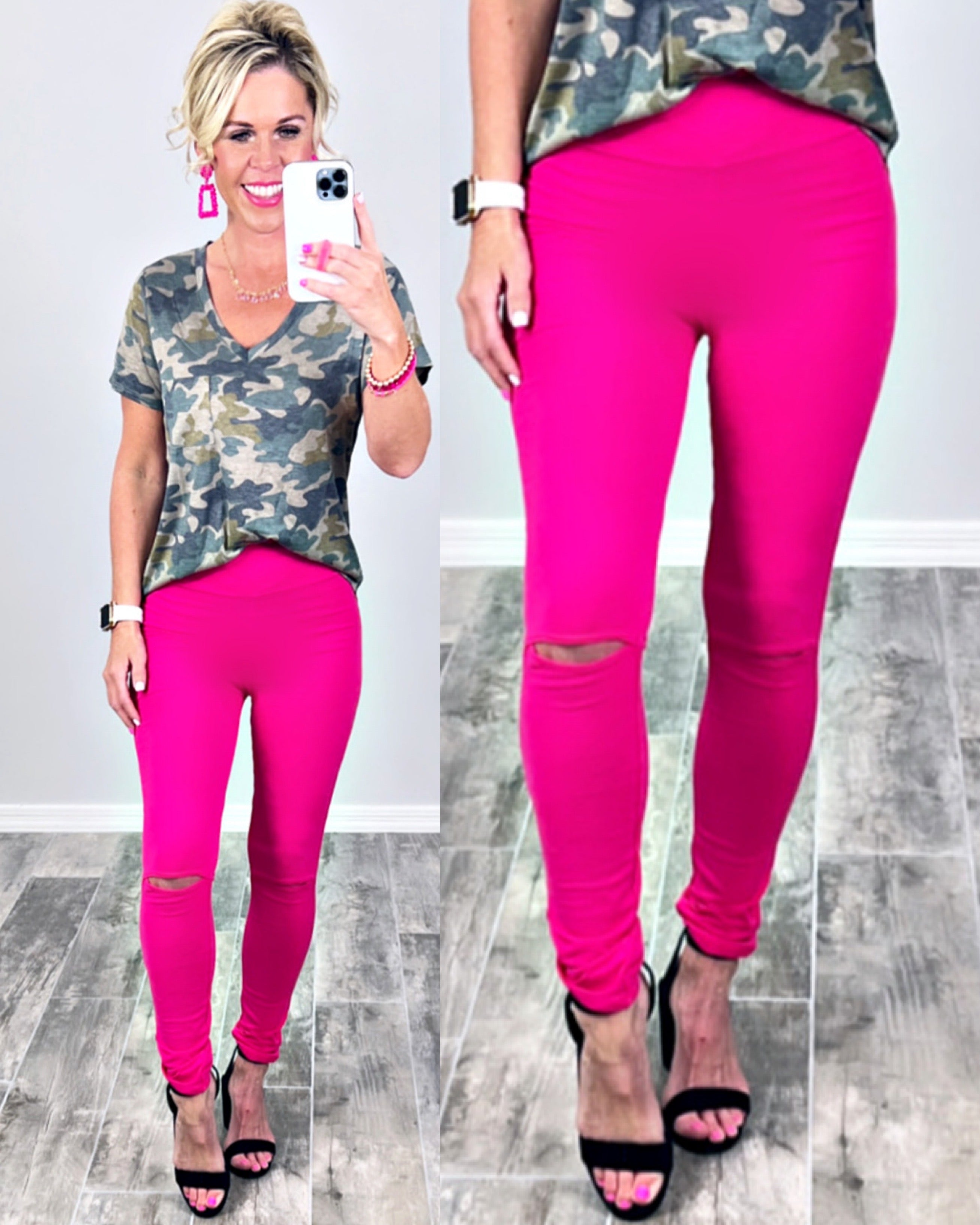 High Waisted Slit Knee Leggings - Pink-Leggings-privityboutique-Privity Boutique, Women’s Fashion Boutique in Mesa, Arizona