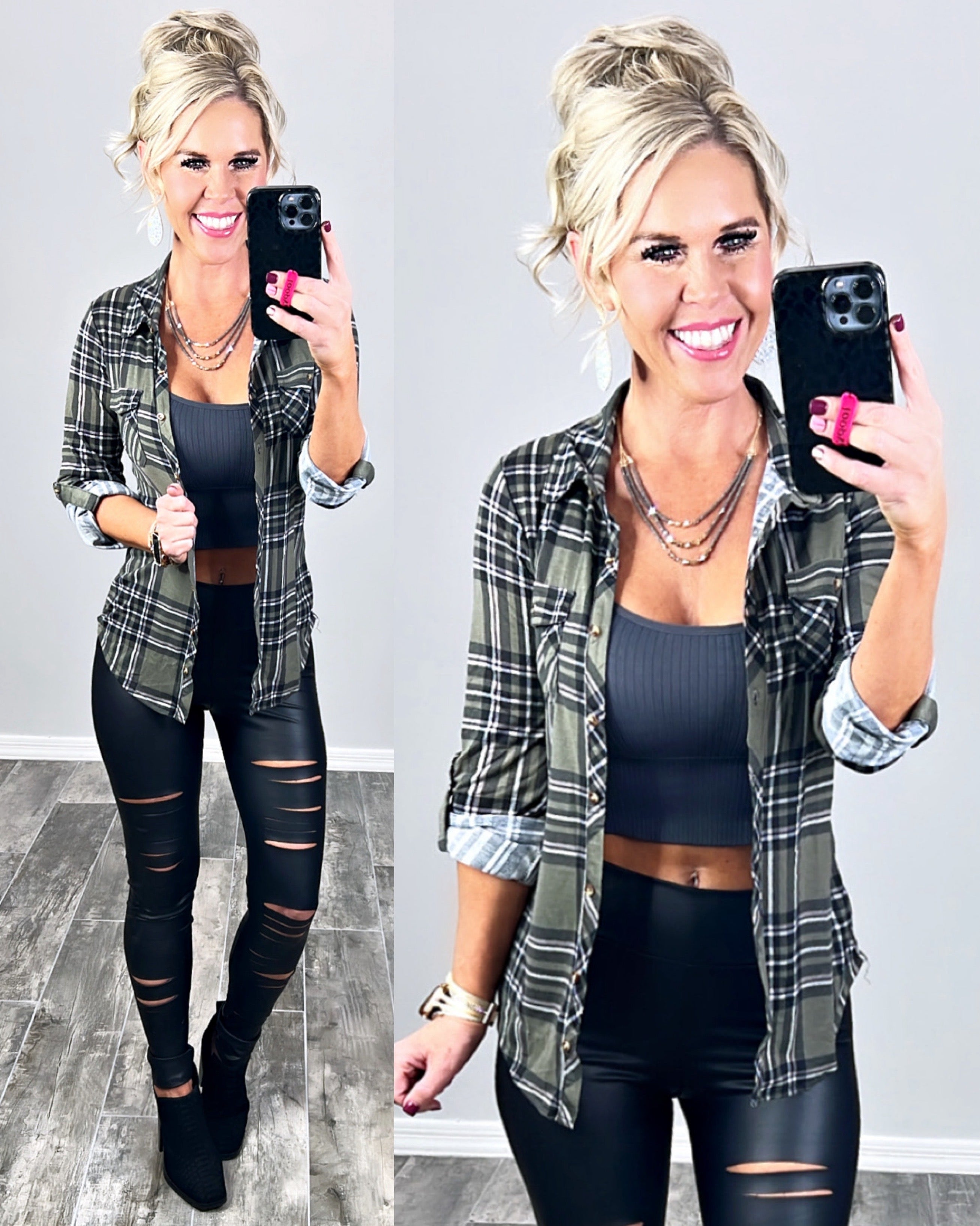 Penny Plaid Flannel Top - Olive/Black-flannel-privityboutique-Privity Boutique, Women’s Fashion Boutique in Mesa, Arizona