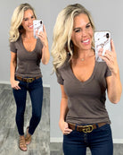 BASIC SHORT SLEEVE DEEP V-NECK TEE - BROWN-Top-privityboutique.com-Privity Boutique, Women’s Fashion Boutique in Mesa, Arizona