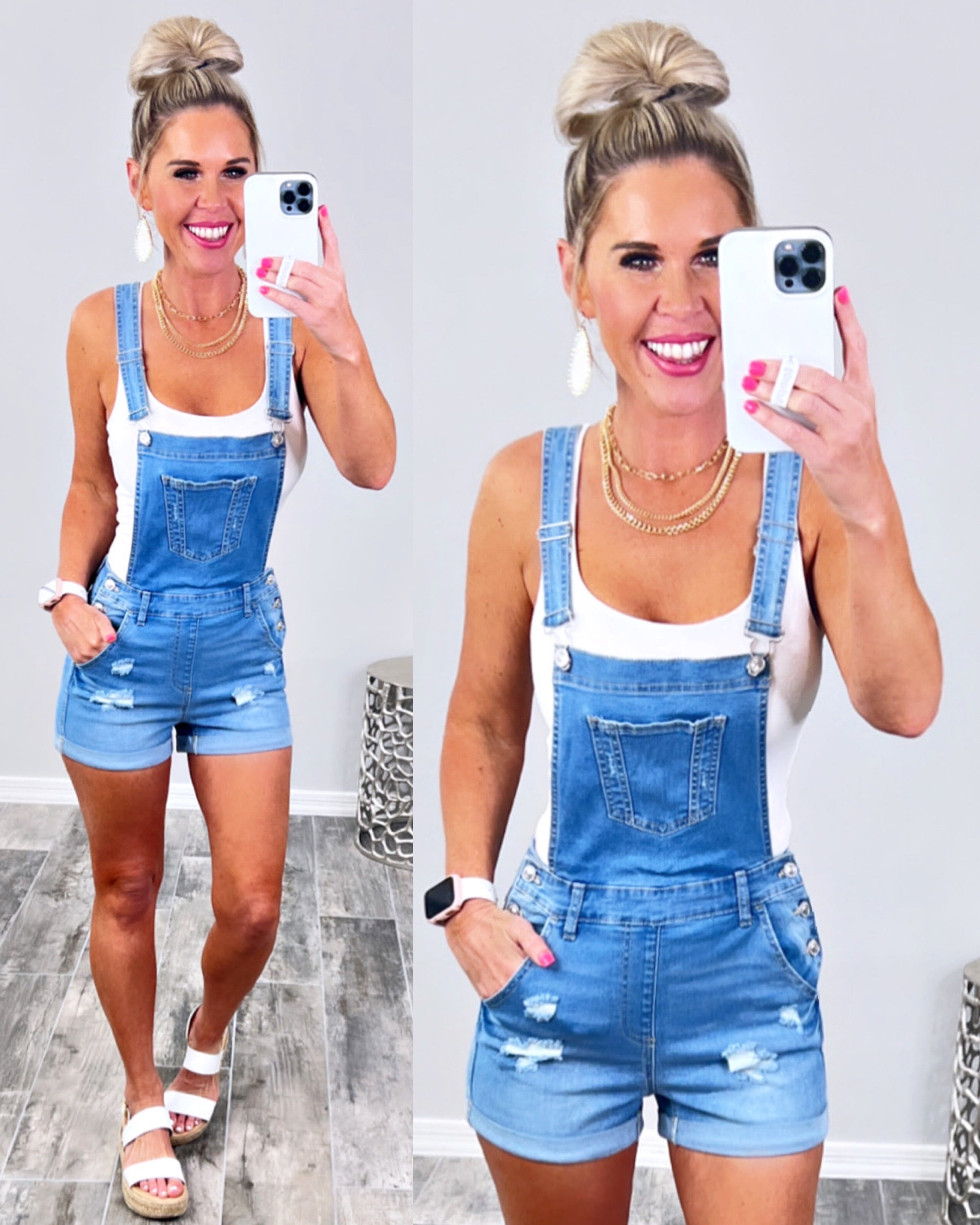 Distressed Denim Pocket Overalls - Light-overalls-privityboutique.com-Privity Boutique, Women’s Fashion Boutique in Mesa, Arizona