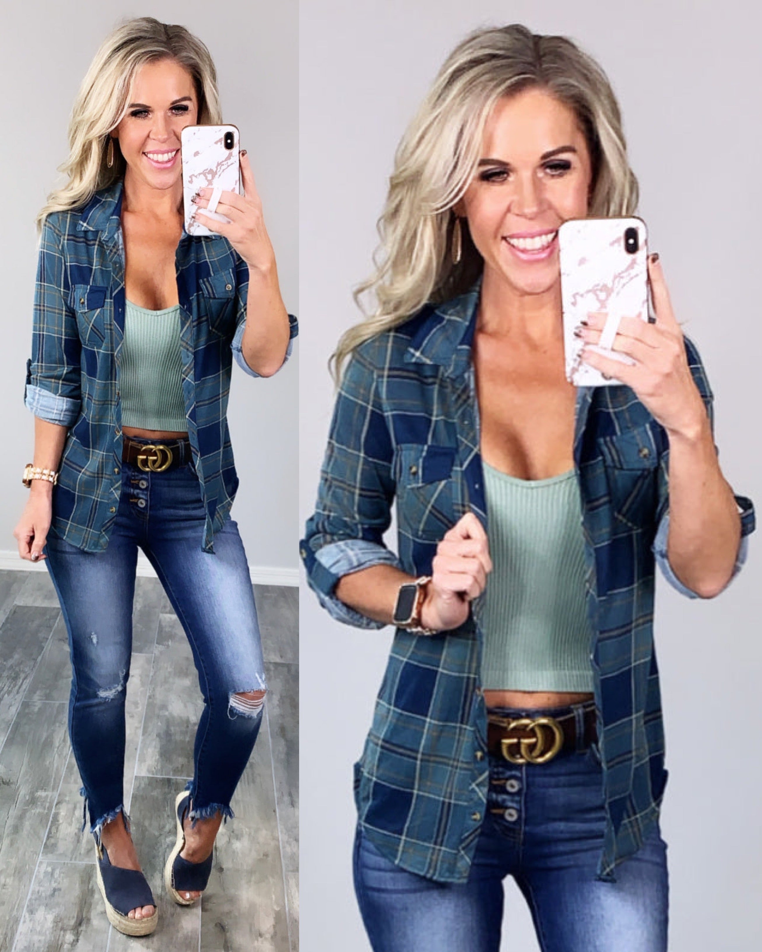 Penny Plaid Flannel Top - Teal/Navy – privityboutique