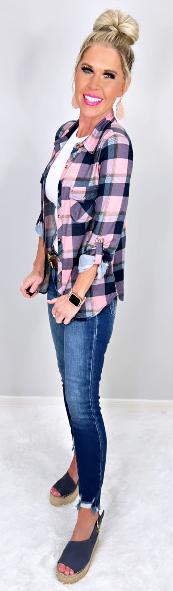 Penny Plaid Flannel Top - Navy/Pink-flannel-privityboutique-Privity Boutique, Women’s Fashion Boutique in Mesa, Arizona