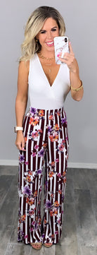 Striped with Floral Pants - Burgundy-palazzo-privityboutique.com-Privity Boutique, Women’s Fashion Boutique in Mesa, Arizona