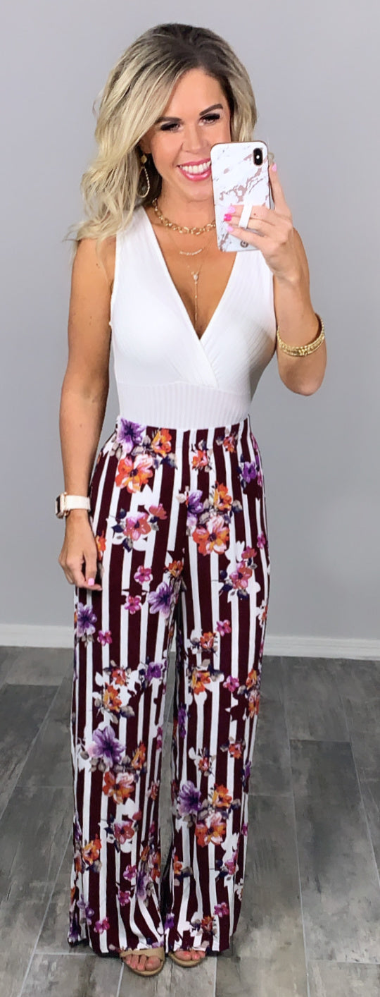 Striped with Floral Pants - Burgundy-palazzo-privityboutique.com-Privity Boutique, Women’s Fashion Boutique in Mesa, Arizona