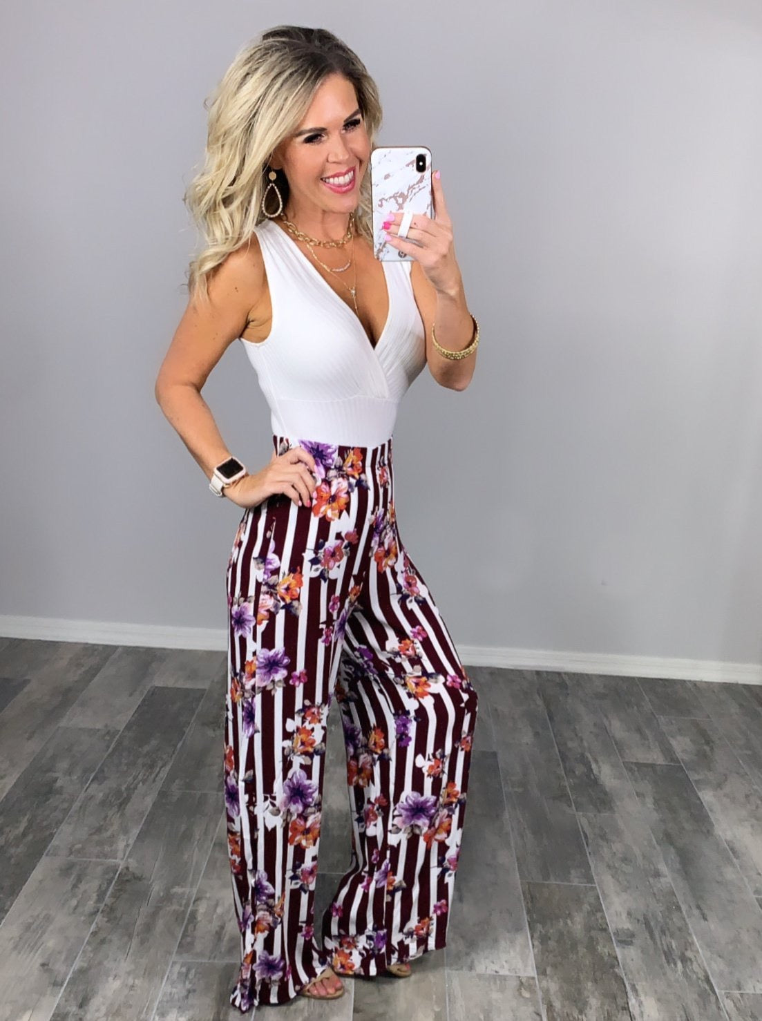 Striped with Floral Pants - Burgundy-palazzo-privityboutique.com-Privity Boutique, Women’s Fashion Boutique in Mesa, Arizona