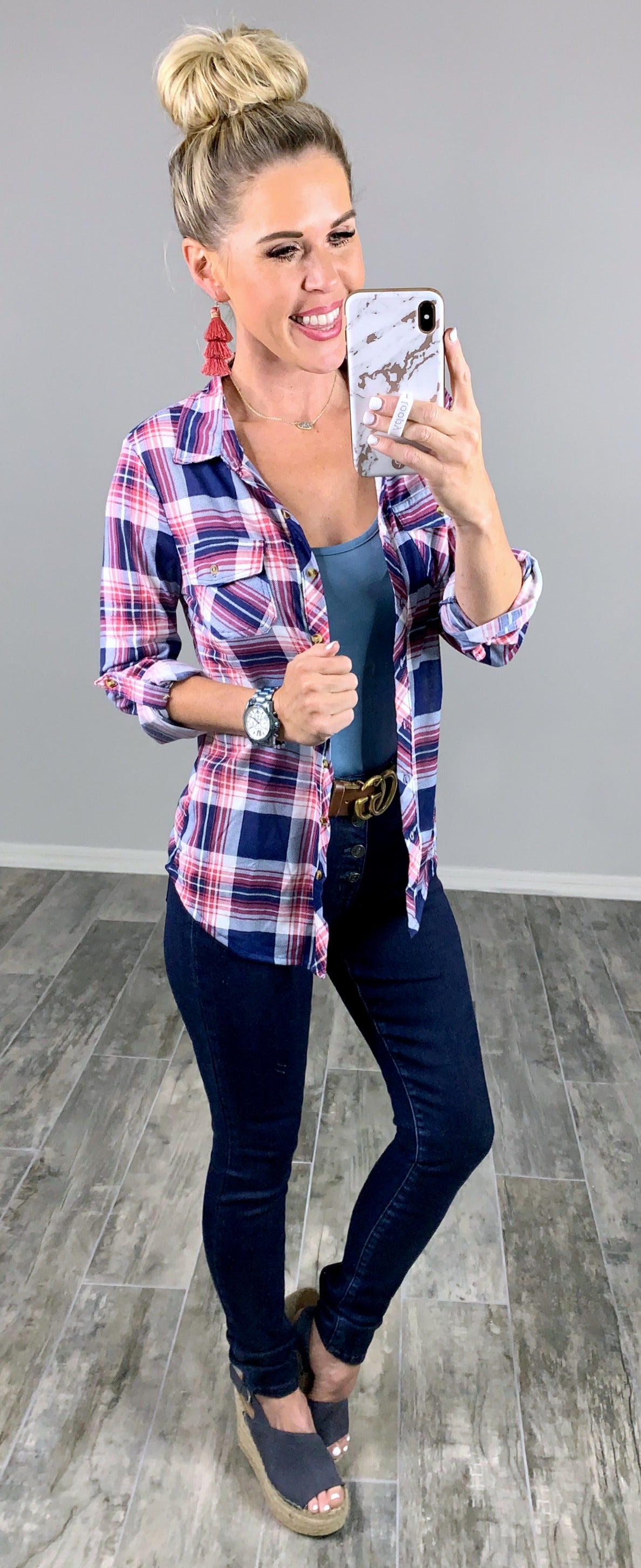 Penny Plaid Flannel Top - Pink/Navy-flannel-privityboutique-Privity Boutique, Women’s Fashion Boutique in Mesa, Arizona