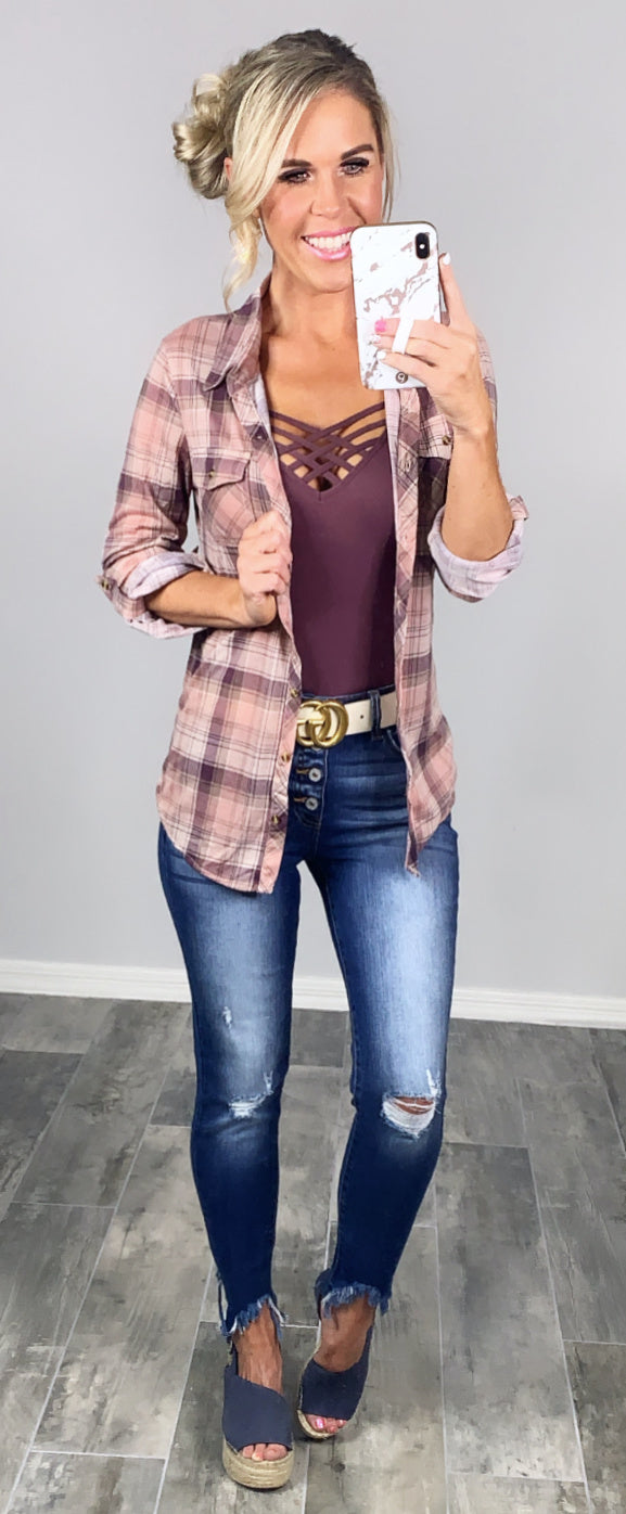 Penny Plaid Flannel Top - Rose/Plum-flannel-privityboutique-Privity Boutique, Women’s Fashion Boutique in Mesa, Arizona