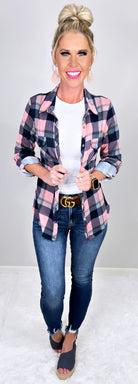 Penny Plaid Flannel Top - Navy/Pink-flannel-privityboutique-Privity Boutique, Women’s Fashion Boutique in Mesa, Arizona