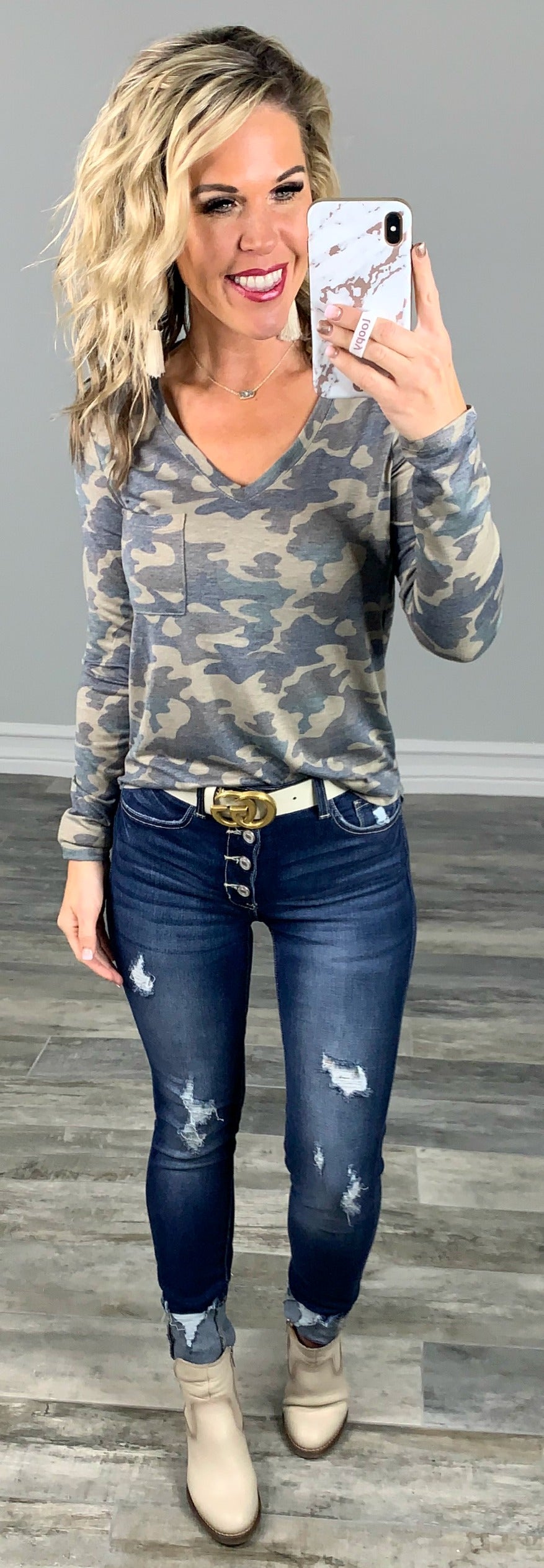 Casual in Camo Top: Olive-Top-privityboutique.com-Privity Boutique, Women’s Fashion Boutique in Mesa, Arizona