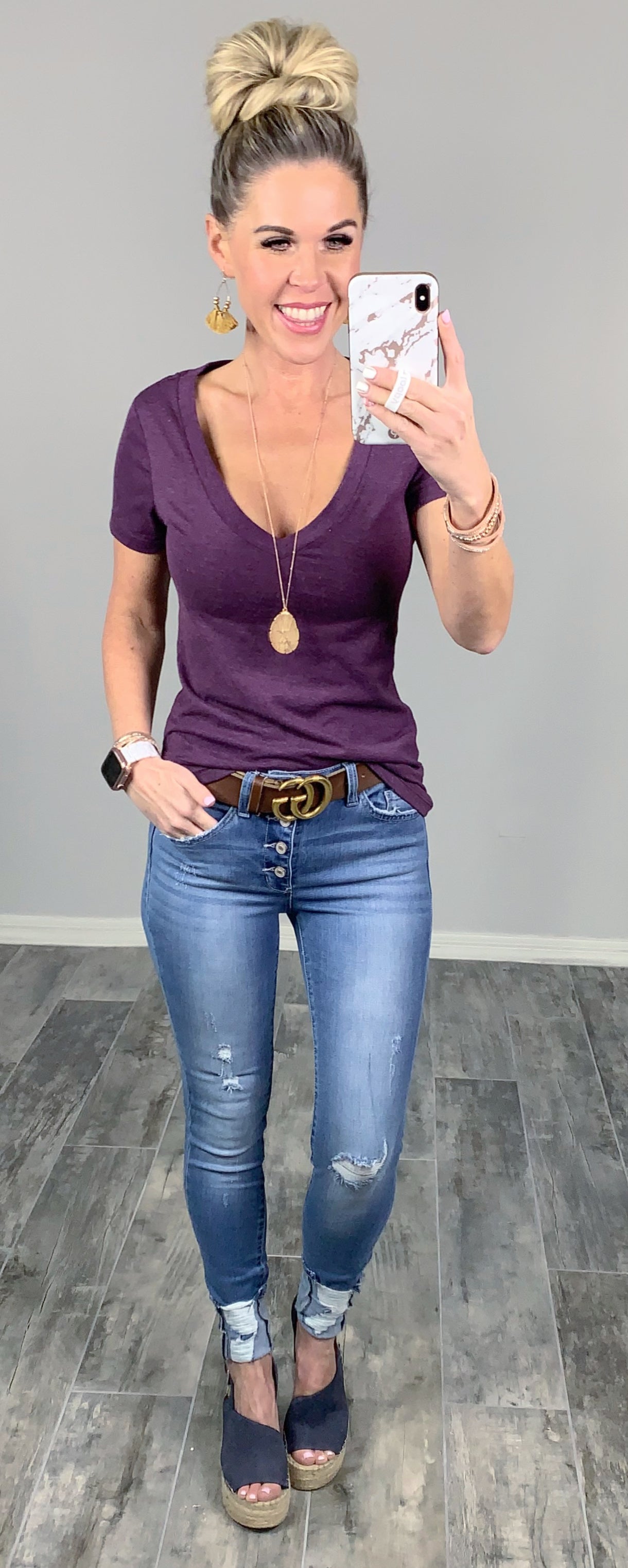 BASIC SHORT SLEEVE DEEP V TEE - PLUM-Top-privityboutique.com-Privity Boutique, Women’s Fashion Boutique in Mesa, Arizona