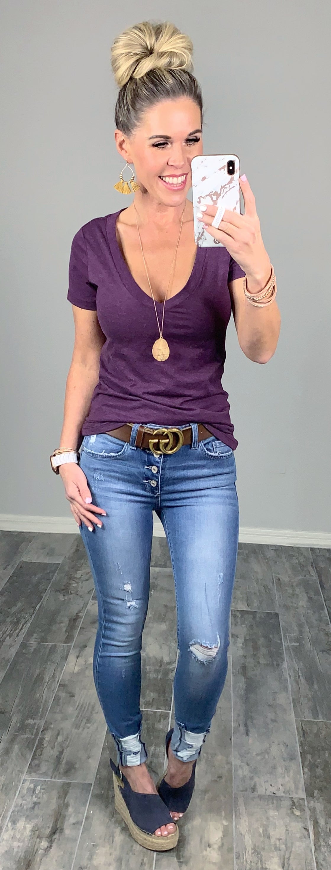 BASIC SHORT SLEEVE DEEP V TEE - PLUM-Top-privityboutique.com-Privity Boutique, Women’s Fashion Boutique in Mesa, Arizona