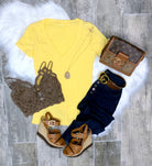 BASIC SHORT SLEEVE DEEP V TEE - YELLOW-Top-privityboutique.com-Privity Boutique, Women’s Fashion Boutique in Mesa, Arizona