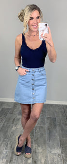 Exposed Button Denim Skirt-Skirt-privityboutique.com-Privity Boutique, Women’s Fashion Boutique in Mesa, Arizona