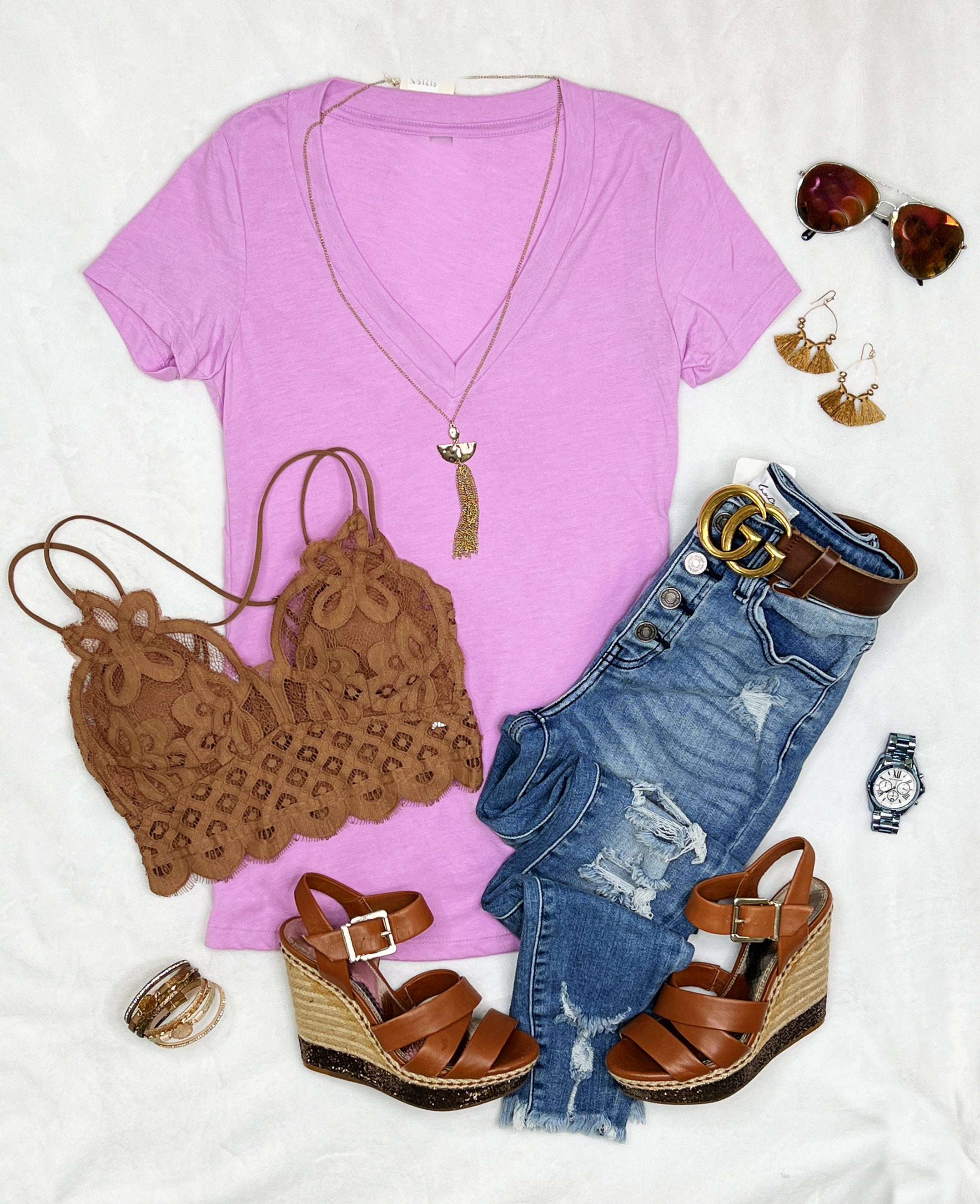 BASIC SHORT SLEEVE DEEP V TEE - LILAC-Top-privityboutique.com-Privity Boutique, Women’s Fashion Boutique in Mesa, Arizona