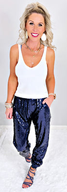 Sequin Joggers -Navy-sequin jogger pants-privityboutique.com-Privity Boutique, Women’s Fashion Boutique in Mesa, Arizona