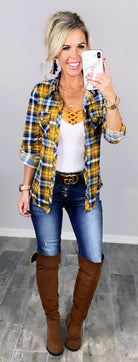 Penny Plaid Flannel Top - Mustard/Navy-flannel-privityboutique-Privity Boutique, Women’s Fashion Boutique in Mesa, Arizona