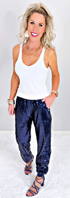 Sequin Joggers -Navy-sequin jogger pants-privityboutique.com-Privity Boutique, Women’s Fashion Boutique in Mesa, Arizona