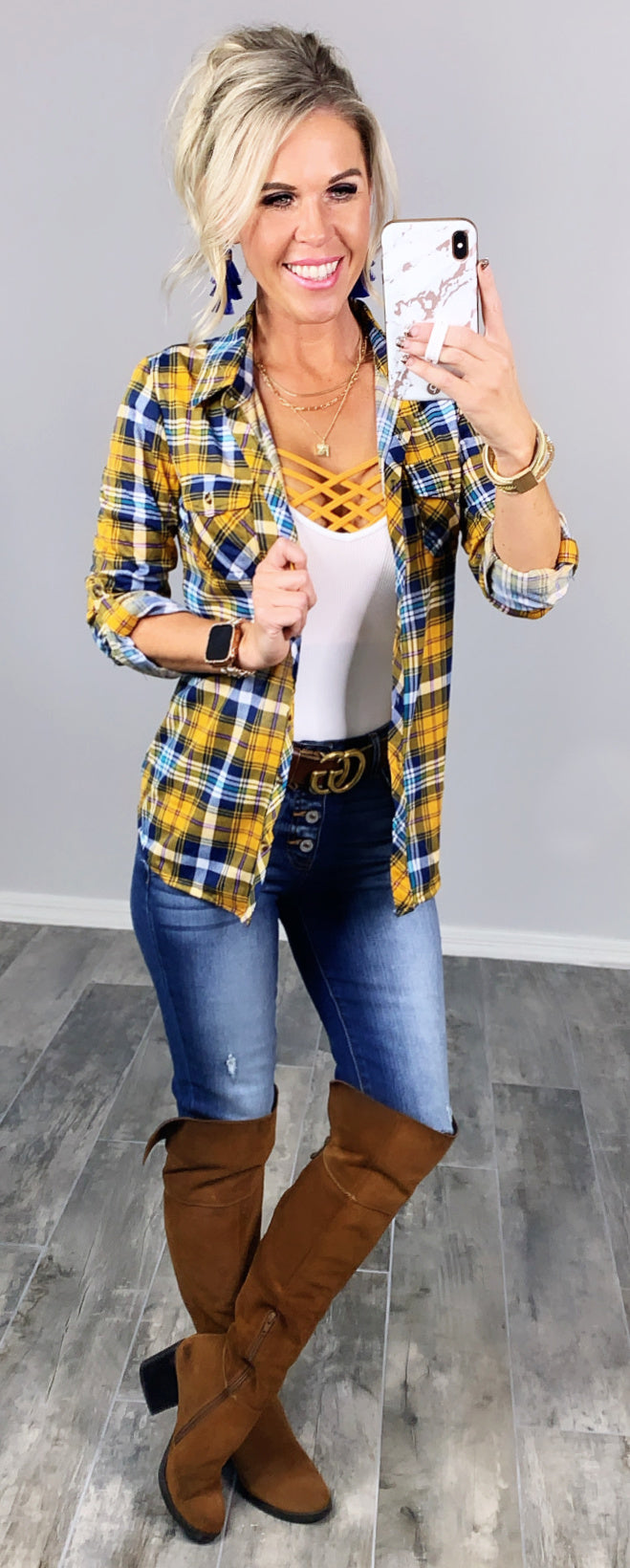 Penny Plaid Flannel Top - Mustard/Navy-flannel-privityboutique-Privity Boutique, Women’s Fashion Boutique in Mesa, Arizona