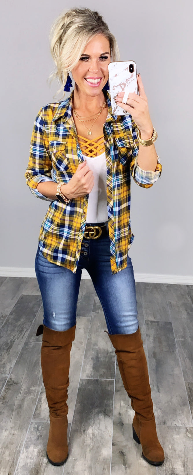 Penny Plaid Flannel Top - Mustard/Navy-flannel-privityboutique-Privity Boutique, Women’s Fashion Boutique in Mesa, Arizona