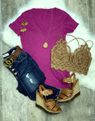 BASIC SHORT SLEEVE DEEP V TEE - BERRY-Top-privityboutique.com-Privity Boutique, Women’s Fashion Boutique in Mesa, Arizona