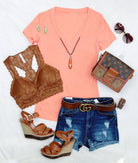 BASIC SHORT SLEEVE DEEP V TEE - PEACH-Top-privityboutique.com-Privity Boutique, Women’s Fashion Boutique in Mesa, Arizona