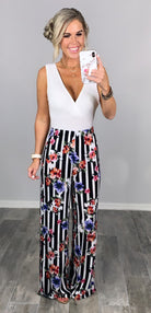 Striped with Floral Pants - Black-palazzo-privityboutique.com-Privity Boutique, Women’s Fashion Boutique in Mesa, Arizona