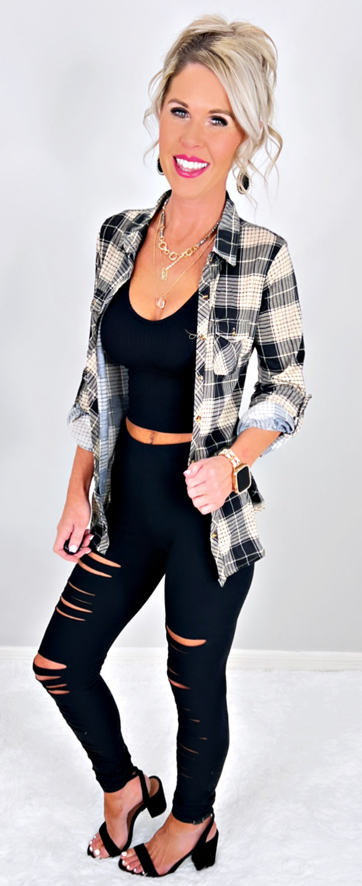 Penny Plaid Flannel Top - Black/Taupe-flannel-privityboutique-Privity Boutique, Women’s Fashion Boutique in Mesa, Arizona