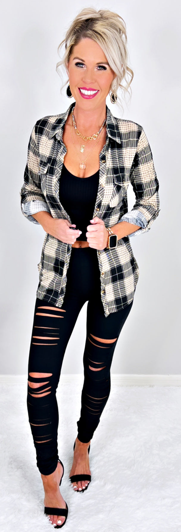 Penny Plaid Flannel Top - Black/Taupe-flannel-privityboutique-Privity Boutique, Women’s Fashion Boutique in Mesa, Arizona