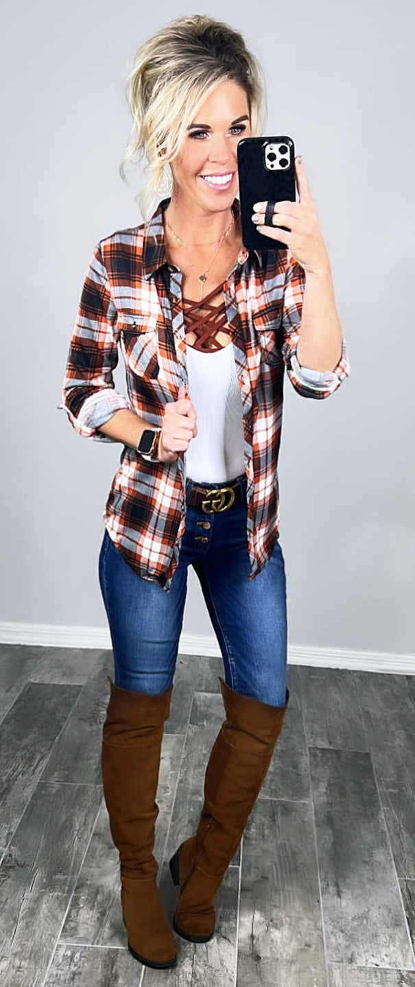 Penny Plaid Flannel Top - Ivory/Rust-flannel-privityboutique-Privity Boutique, Women’s Fashion Boutique in Mesa, Arizona