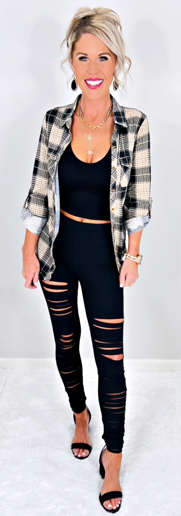 Penny Plaid Flannel Top - Black/Taupe-flannel-privityboutique-Privity Boutique, Women’s Fashion Boutique in Mesa, Arizona