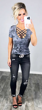 BASIC BURNOUT DEEP V-NECK TEE - GREY-Top-privityboutique.com-Privity Boutique, Women’s Fashion Boutique in Mesa, Arizona