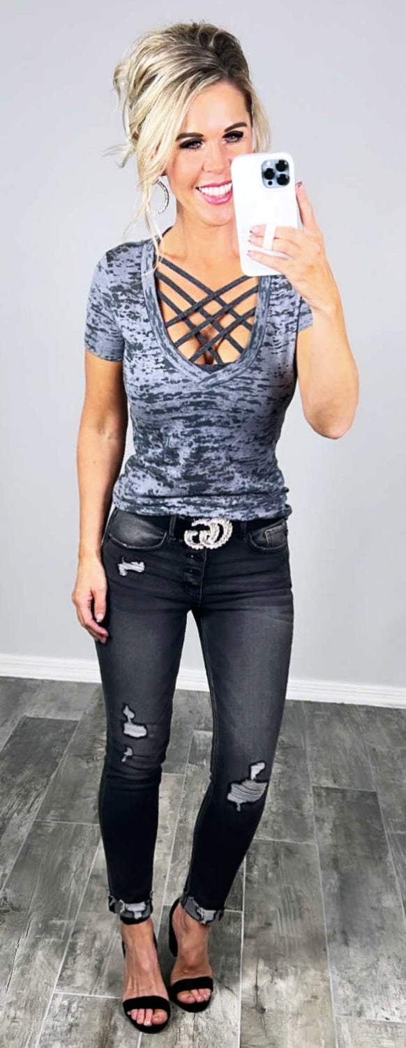 BASIC BURNOUT DEEP V-NECK TEE - GREY-Top-privityboutique.com-Privity Boutique, Women’s Fashion Boutique in Mesa, Arizona