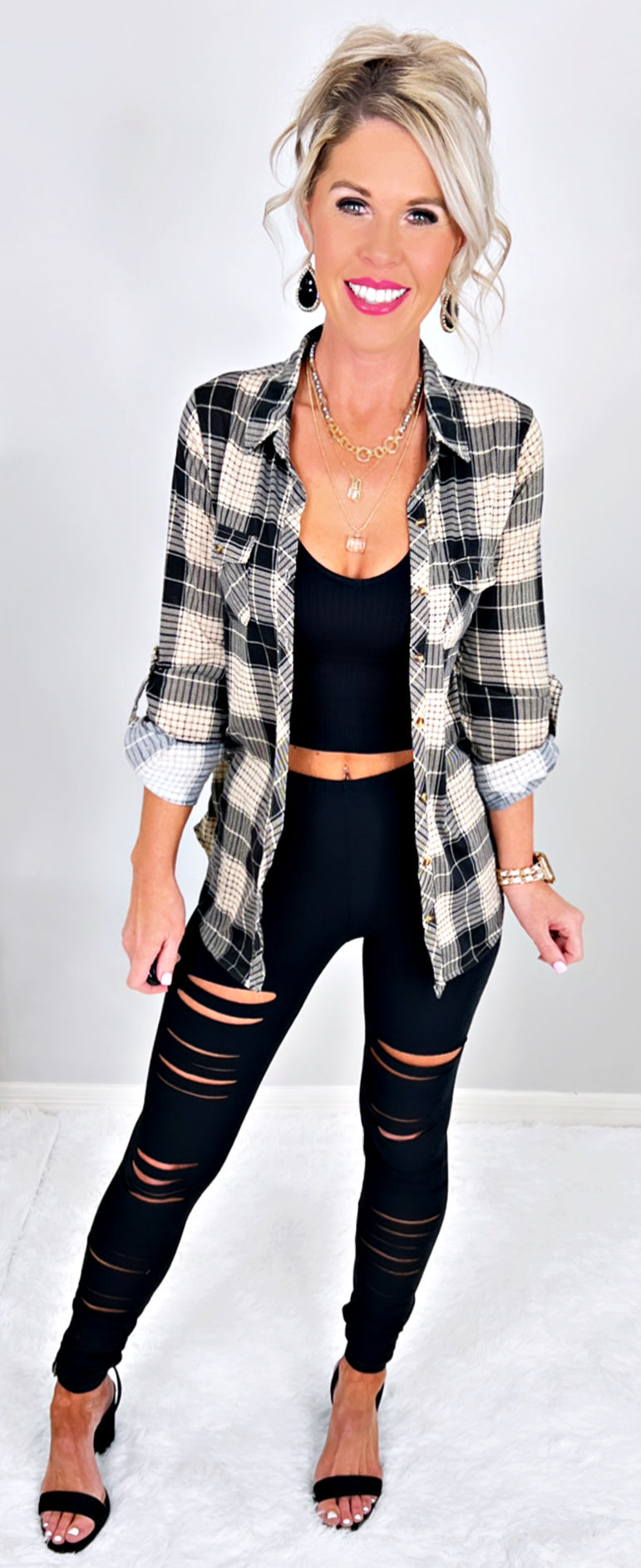 Penny Plaid Flannel Top - Black/Taupe-flannel-privityboutique-Privity Boutique, Women’s Fashion Boutique in Mesa, Arizona