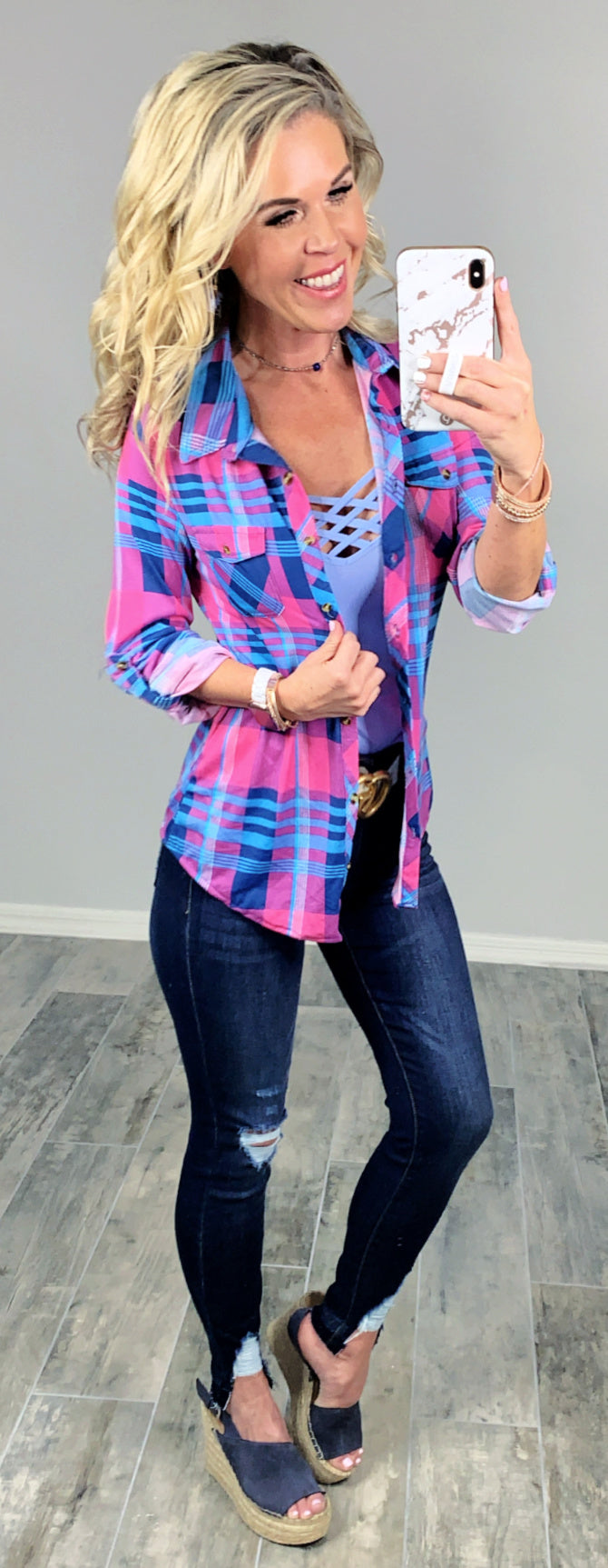 Penny Plaid Flannel Top -Pink/Blue-flannel-privityboutique-Privity Boutique, Women’s Fashion Boutique in Mesa, Arizona