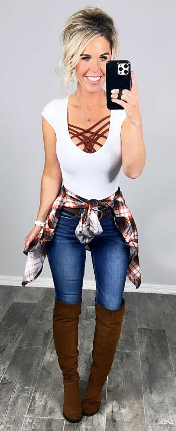 Penny Plaid Flannel Top - Ivory/Rust-flannel-privityboutique-Privity Boutique, Women’s Fashion Boutique in Mesa, Arizona