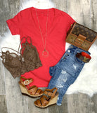 BASIC SHORT SLEEVE DEEP V-NECK TEE - RED-privityboutique-Privity Boutique, Women’s Fashion Boutique in Mesa, Arizona