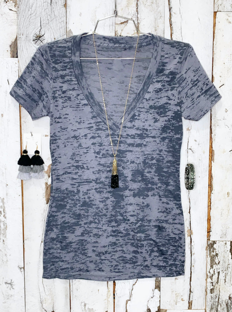 BASIC BURNOUT DEEP V-NECK TEE - GREY – privityboutique