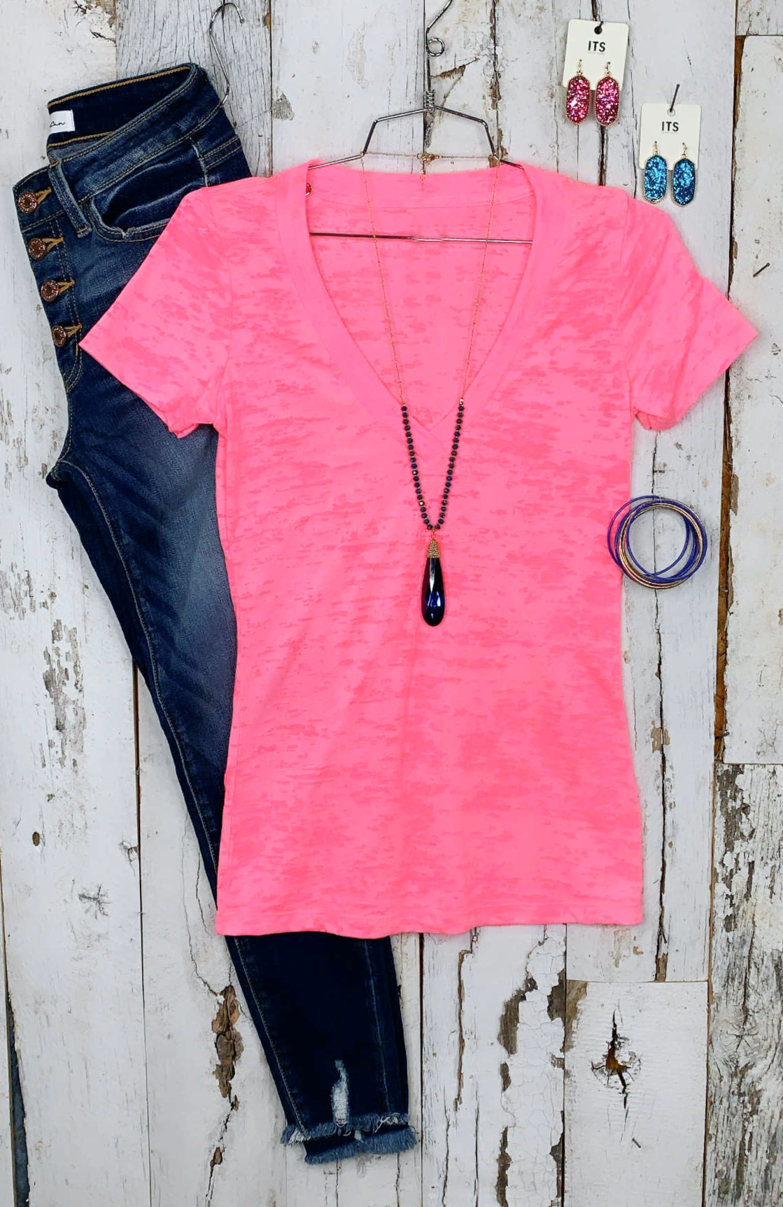 BASIC BURNOUT DEEP V-NECK TEE - PINK-Top-privityboutique.com-Privity Boutique, Women’s Fashion Boutique in Mesa, Arizona