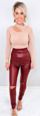 High Waisted Slit Faux Leather Leggings - Burgundy-Leggings-privityboutique-Privity Boutique, Women’s Fashion Boutique in Mesa, Arizona