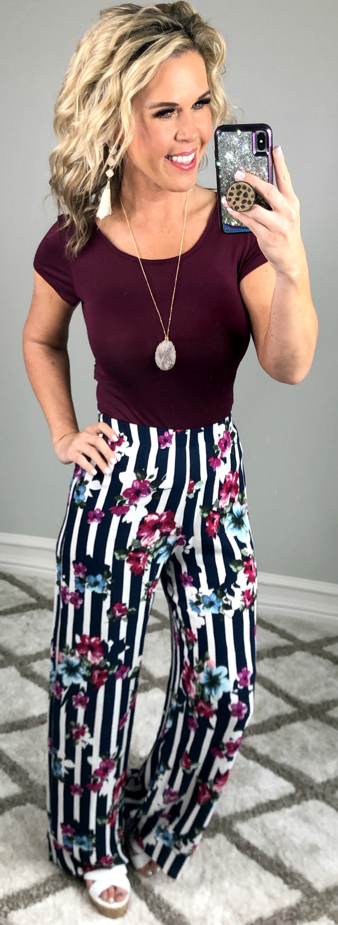 Striped with Floral Pants - Navy-palazzo-privityboutique.com-Privity Boutique, Women’s Fashion Boutique in Mesa, Arizona