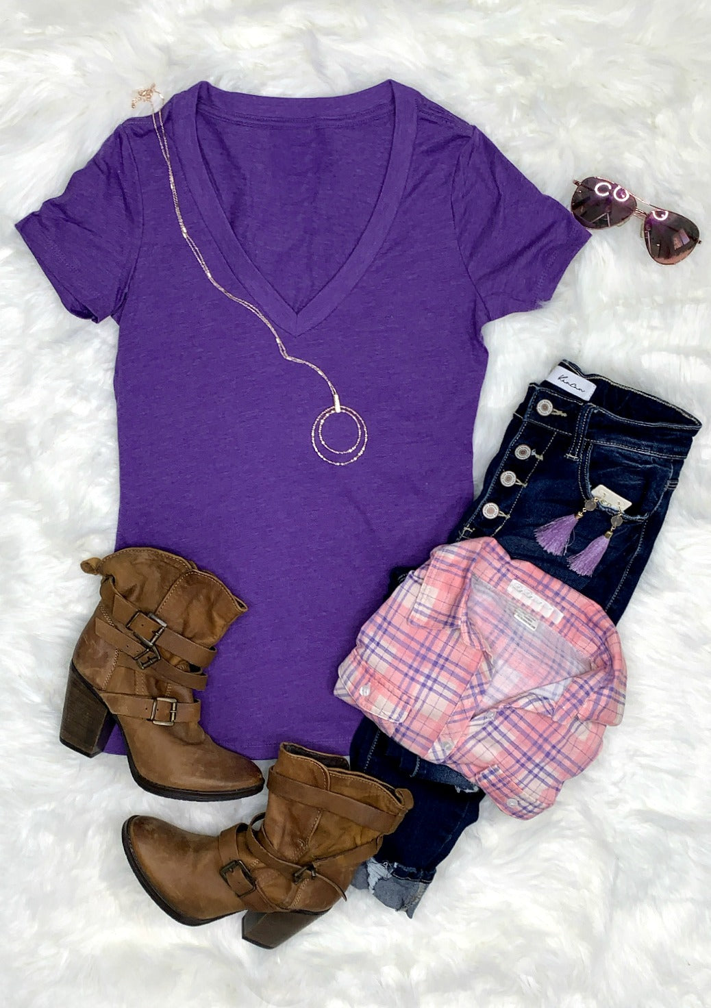 BASIC SHORT SLEEVE DEEP V TEE - PURPLE-Top-privityboutique.com-Privity Boutique, Women’s Fashion Boutique in Mesa, Arizona