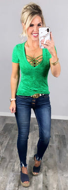 BASIC BURNOUT DEEP V-NECK TEE - GREEN-Top-privityboutique.com-Privity Boutique, Women’s Fashion Boutique in Mesa, Arizona