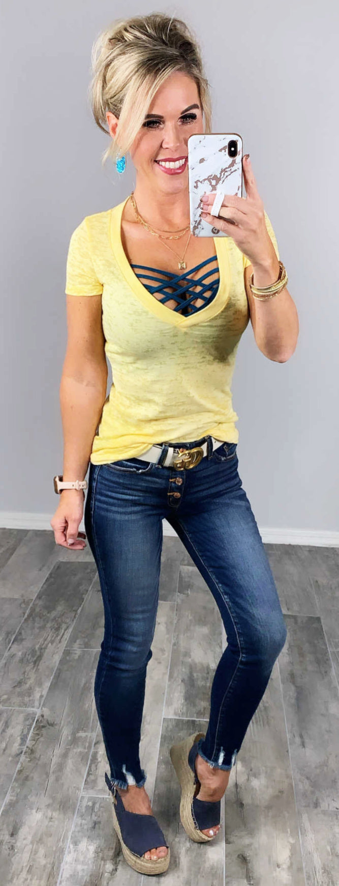 BASIC BURNOUT DEEP V-NECK TEE - LEMON-Top-privityboutique.com-Privity Boutique, Women’s Fashion Boutique in Mesa, Arizona