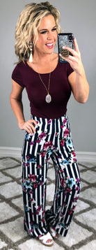 Striped with Floral Pants - Navy-palazzo-privityboutique.com-Privity Boutique, Women’s Fashion Boutique in Mesa, Arizona