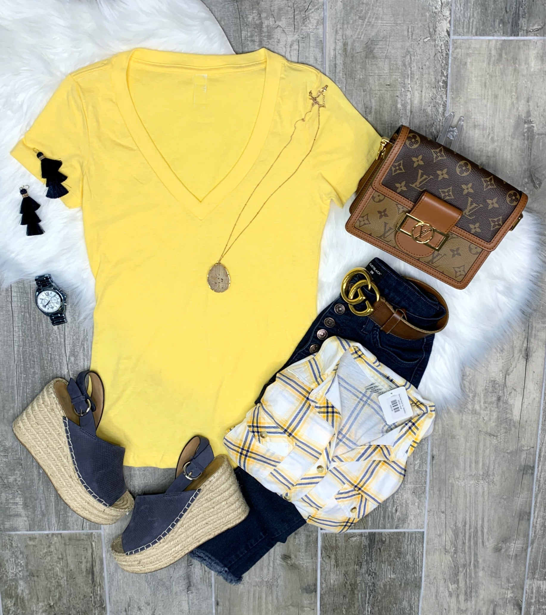 BASIC SHORT SLEEVE DEEP V TEE - YELLOW-Top-privityboutique.com-Privity Boutique, Women’s Fashion Boutique in Mesa, Arizona