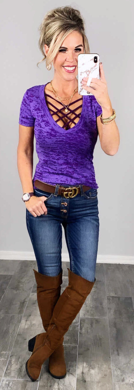 BASIC BURNOUT DEEP V-NECK TEE - PURPLE-Top-privityboutique.com-Privity Boutique, Women’s Fashion Boutique in Mesa, Arizona