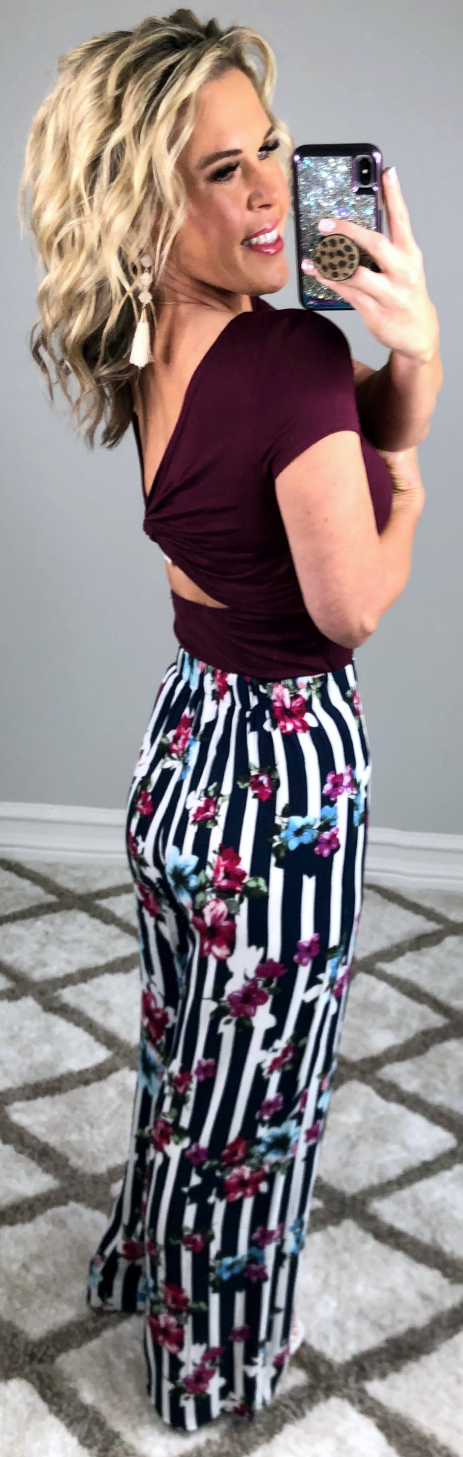 Striped with Floral Pants - Navy-palazzo-privityboutique.com-Privity Boutique, Women’s Fashion Boutique in Mesa, Arizona