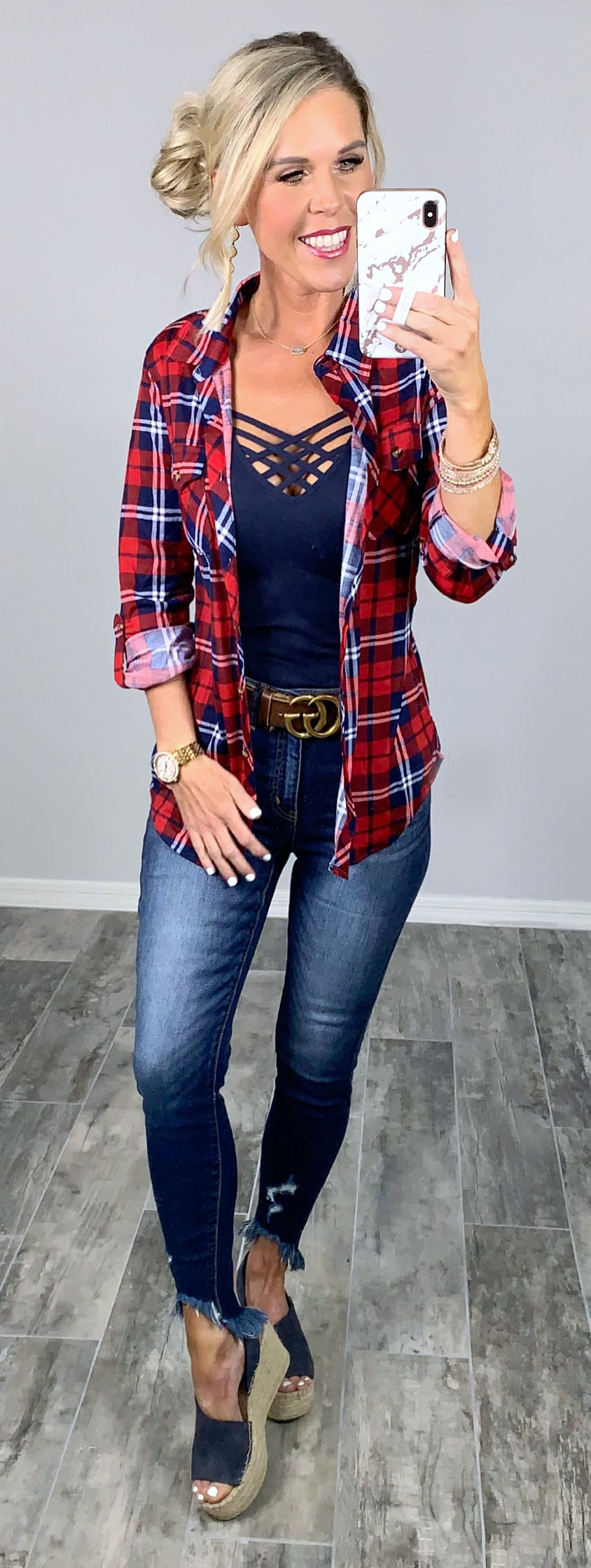 Penny Plaid Flannel Top - Red/Navy-flannel-privityboutique-Privity Boutique, Women’s Fashion Boutique in Mesa, Arizona