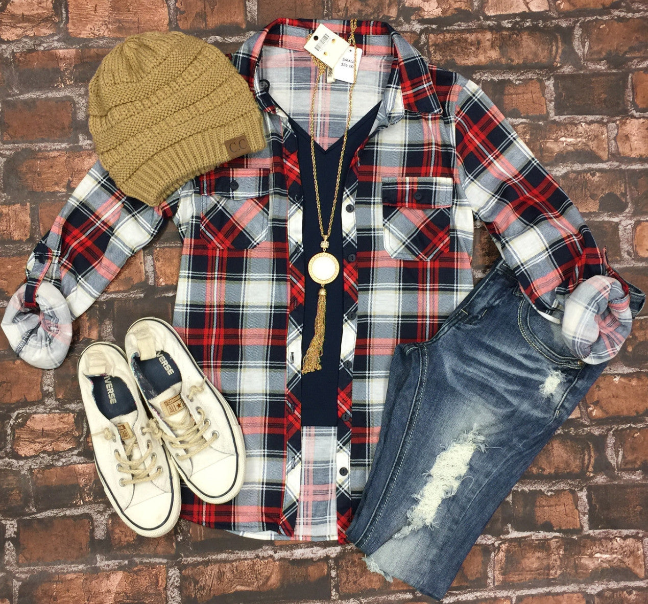 privityboutique Penny Plaid Flannel Top Red Navy White X Large