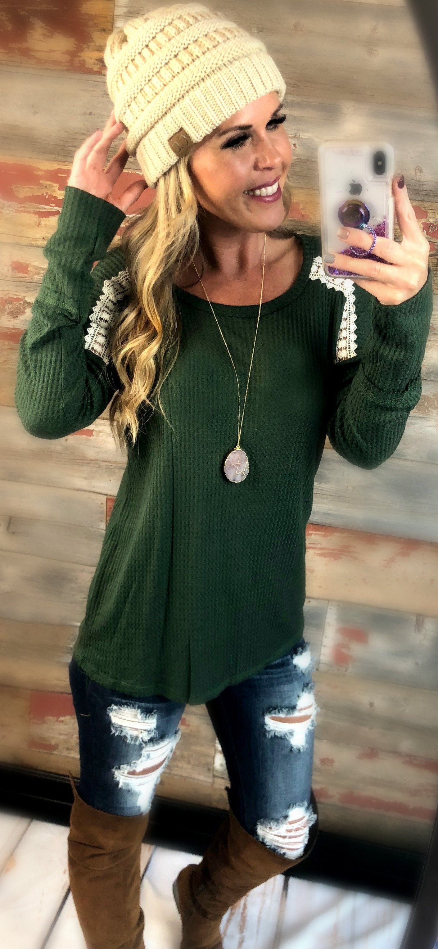 Warmer Days Waffle Top: Hunter Green-Top-privityboutique.com-Privity Boutique, Women’s Fashion Boutique in Mesa, Arizona